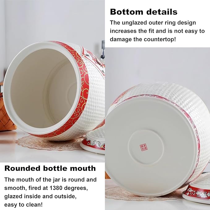 Chinese Sealed Large-Capacity Rice Pot, Ceramic Rice Bucket With Tassel Design, Grain Storage Ceramic Container, Rice Dispenser Airtight Storage Bucket For Grains Snacks Candy Coffee Beans Food(E,Capa