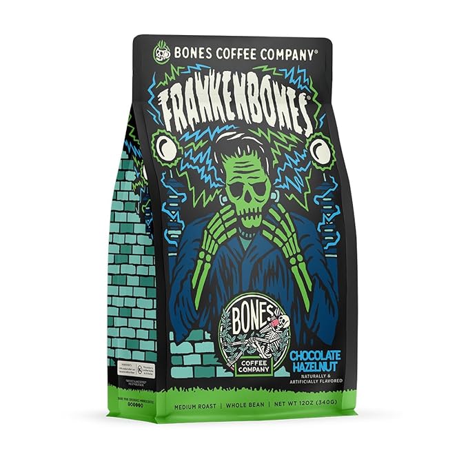 Bones Coffee Company Frankenbones Chocolate and Hazelnut Flavored Coffee, Medium Roast Low Acid Arabica Beans Compatible with Auto drip and French Press Coffee Maker, 12 Oz Ground