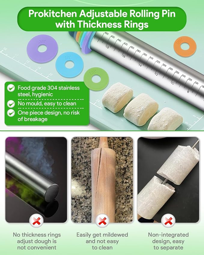Adjustable Rolling Pin with Thickness Rings for Baking, Adjustable Stainless Steel Designs Dough Roller Pins for Cookie Decorating & Dough Pizza Pie Adjustable Long Rolling Pin 23.6 Inch