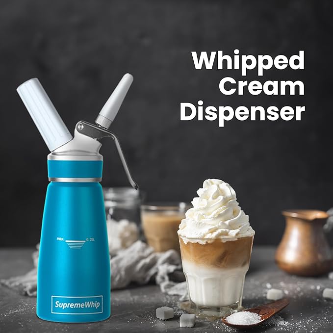 Pro Cream Dispenser, Durable High-Grip, Metal Lid with Rubber, 3 Nozzles, for Hot/Cold Use, Cleaning Brush Included, Blue - 250ml /1 Pint