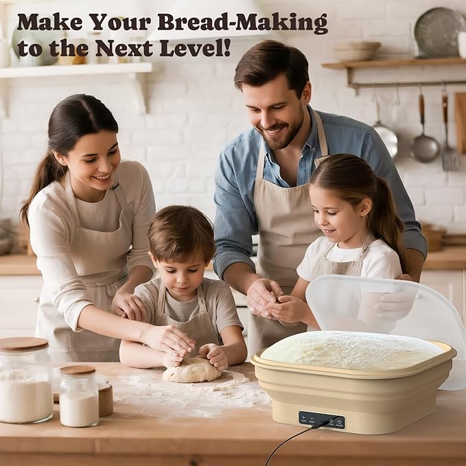 Heating Sourdough Starter Kit, 4L Electric Thermostatic Silicone Square Foldable Banneton Bread Proofing Basket with 6 Timer & Temp Settings for Dough Rising, Dishwasher Safe, Bread Making Kit