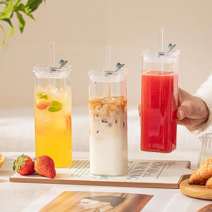 KEMORELA 6 Sets Glass Cups with Lids & Straws, Square Ribbed Drinking Glasses with Lids, Clear Highball Tumblers for Cocktail, Coffee, Juice, Beer, Modern Mixed Drinkware Jars
