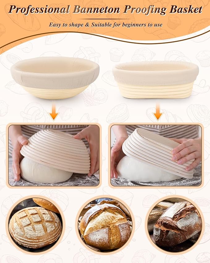 Banneton Basket Set of 2, 10" Oval & 9.7" Round Banneton Bread Proofing Basket with Liners, Bread Lame, Silicone Baking Mat, Danish Whisk, Brush, Proofing Bowls Sourdough Starter Kit Tools