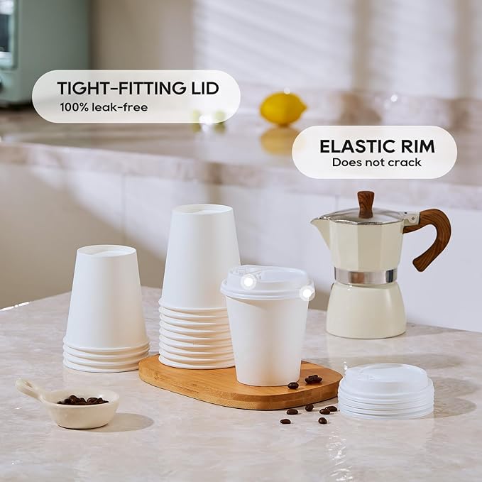 JOLLY PARTY [100 Pack] 10 oz Paper Coffee Cups, Disposable Paper Coffee Cup with Lids, Hot/Cold Beverage Drinking Cup for Water, Juice or Tea, Suitable for Home, Shops and Cafes