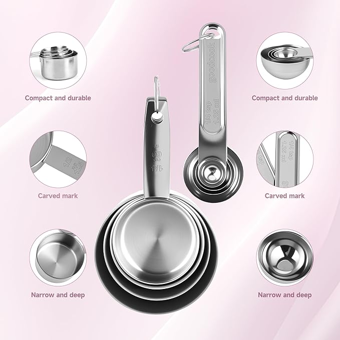 Measuring Cups and Spoons Set,Stainless Steel 8 Piece Nesting Measuring Tools for Dry & Liquid Ingredients, Kitchen Gadgets for Cooking and Baking, Includes 4 Cups and 4 Spoons