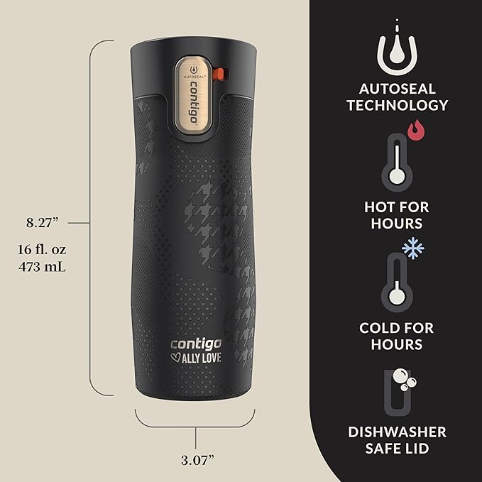 Contigo x Ally Love Stainless Steel Vacuum-Insulated Travel Mug with Autoseal and Easy Clean Lid, Spill-proof, Keeps Drinks cold 24 hrs & hot for 11 hrs, BPA Free, 16oz., West Loop 3.0, Licorice