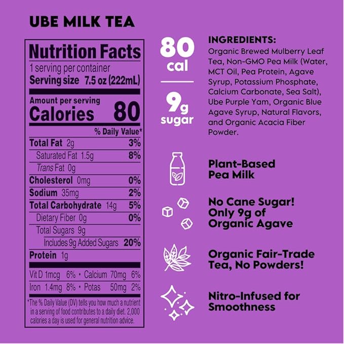 Twrl Milk Tea - Ube Milk Tea Made with Plant-Based Milk, Caffeine-Free, Low Sugar, Organic, Antioxidant-Rich and Nitro-Infused for Smooth Taste - 7.5 Ounce, Pack of 12