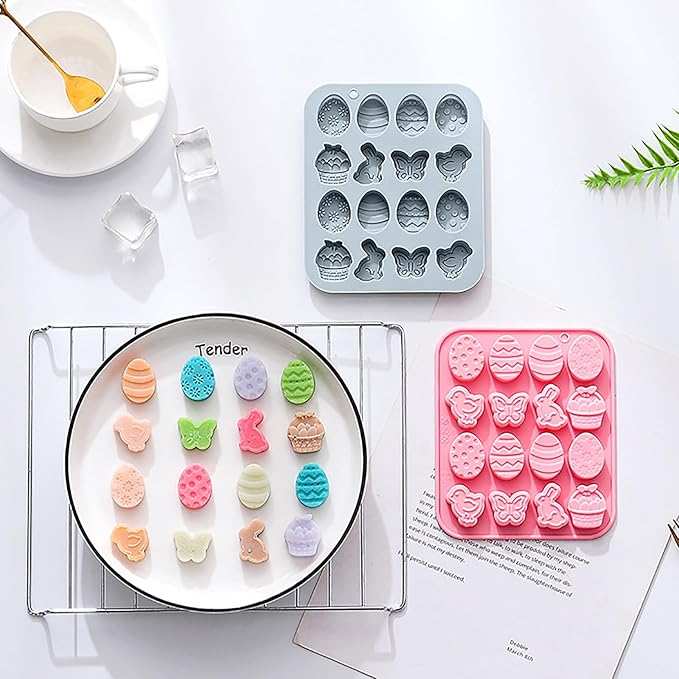 Easter Silicone Candy Molds, 16 Cavity Mini Bunny Egg Butterfly Chick Chocolate Molds Design, Baking Molds for Making Jellies, Soft Candy, Ice Cubes, Wax Melts, Soaps, Resin etc Cake Decor Set of 2
