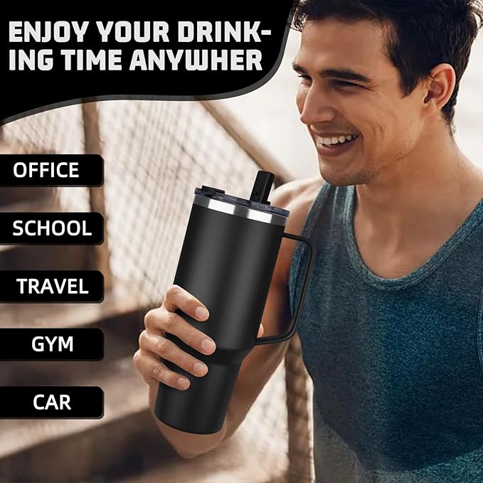 40 oz Tumbler with Handle and Flip Straw, 100% Leakproof Insulated Tumbler with Lid and Straw, Stainless Steel Travel Coffee Mug, Insulated Coffee Thermal Cup for Cold and Hot (Black)
