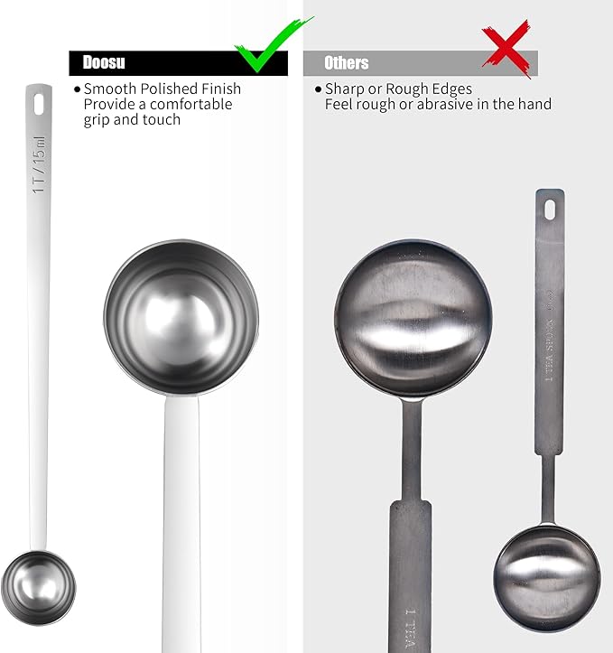18/8 Stainless Steel Coffee Scoops, Doosu Food-Grade Metal Measuring Spoons with 8.5in Long Handle, Tablespoon Scooper for Coffee Beans, Ground Coffee, Espresso, Protein Powders, Tea (1 & 2 Tbsp)