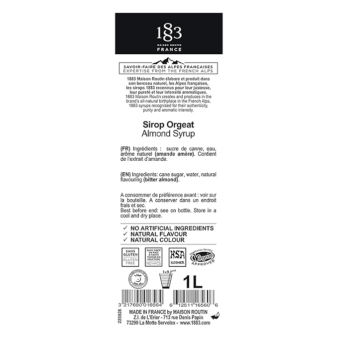 1883 Almond Syrup for Drinks – Made in France, Premium Beverage Mixer, 1 Liter Plastic Bottle
