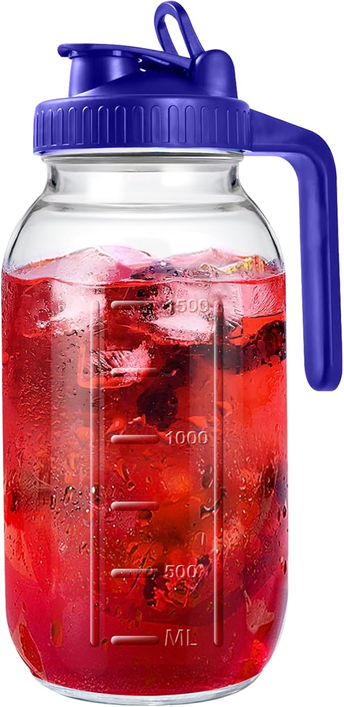Mason Jar Pitcher, 64 OZ Glass Pitcher with Lid Double Leak-proof with Handle Water Jug Wide Mouth Breast Milk Pitcher Fridge Container for Water, Juice, Iced Coffee, Tea, Juice - Blue