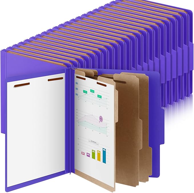 60 Pcs Classification Folders Letter Size, Back to School Supply for Teacher, Student, 3 Dividers Pressboard File Folder Bulk with 2 Fasteners, 3.5 Inch Expanding File Organizer (Purple)