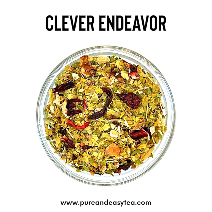 Pure And Easy Tea, Clever Endeavor, Natural Focus & Mental Clarity Tea, Caffeinated Loose Leaf Blend with Ginkgo Biloba & Yerba Mate, 30-Day Supply, 100g