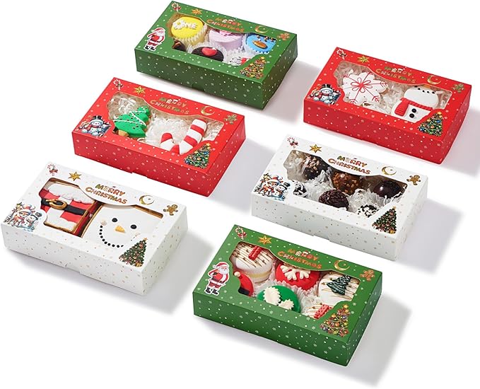 12 Pack 7x4.3x1.5Inch Green/Red/White Christmas Cookie Gift Boxes Clear Window Ideal for Packaging Cookie Macaron Cake Pop Chocolate Truffles Donut Pie Treat Boxes for Christmas for Gift-Giving