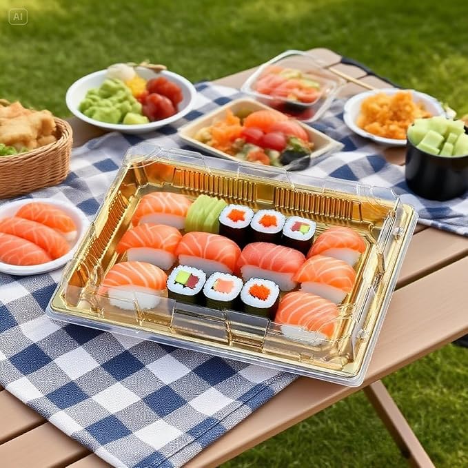 10 Pack Gold Rectangular Sushi Containers with Clear Lids – Disposable Plastic Food Boxes for Party, Takeout & Catering – Elegant, Stackable Trays for Sushi, Snacks & Desserts(Model No.1111)