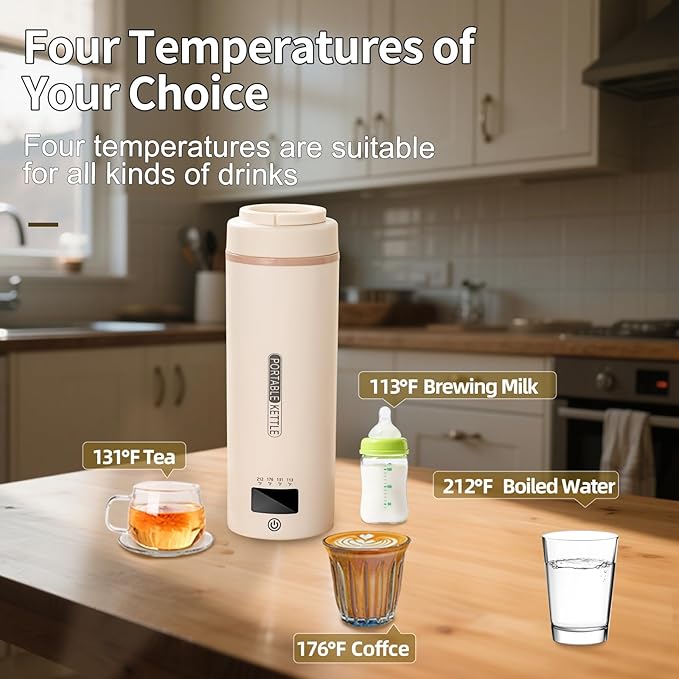 Travel Mini Kettle Portable Electric Kettle with Plug-in Boiling & Keeps Warm via USB, Small Water Boiler with 4 Temperature Settings, 304 Stainless Steel with Auto Shut-off 16oz(Beige)
