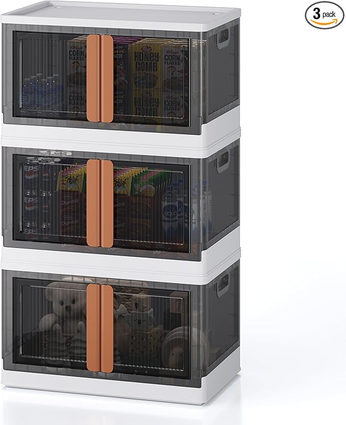 19Gal Collapsible Storage Bins with Lids & Wheels - 3 Pack Stackable with Doors, Heavy-Duty Plastic Containers for Home/Office, White