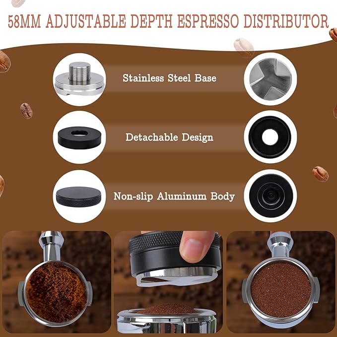 58mm Espresso Tamper Set - Spring-loaded Coffee Tamper, Adjustable Depth Espresso Distributor Leveler, Magnetic Dosing Funnel Aluminum Metal, Reusable Puck Screen, Fit for 58mm Portafilters