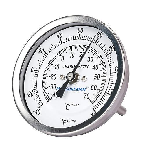 MEASUREMAN Fully Stainless Steel Pot, Kettle, Brewing Bimetal Dial Thermometer, 3" Dial, 2-1/2" Stem, -40-160 deg F/-40-70 deg C, -1% Accuracy, Adjustable, 1/2" NPT Back Mount