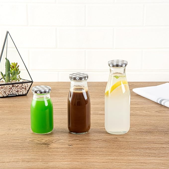 Restaurantware French Countryside 11 Ounce Glass Bottles 10 Durable Juice Bottles - With Black Plaid Lid Dishwashable Clear Glass Countryside Bottles For Hot And Cold Beverages