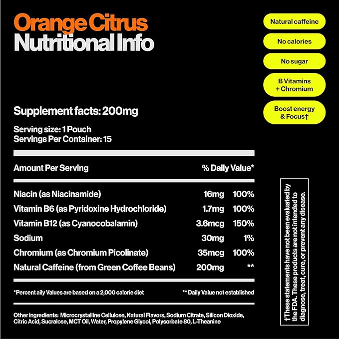Wip Energy Pouches | 200mg Natural Caffeine | Vitamins and Minerals | Orange Citrus | 15 Pouches Per Can | 1 Can