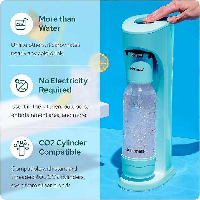 Drinkmate OmniFizz Sparkling Beverage Maker CO2 Bundle - Sparkling Water/Soda Streaming Machine That Carbonates Any Drink - Includes 1 CO2 Cylinder, 1 Carbonation Bottle, 1 Fizz Infuser - Arctic Blue