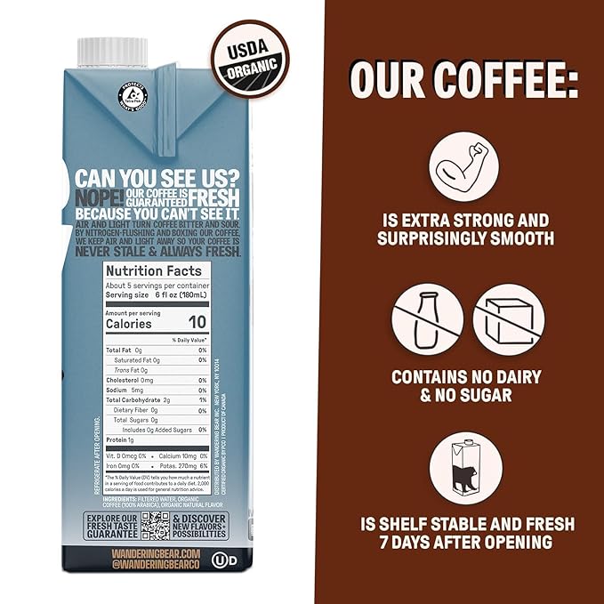 Wandering Bear Organic Vanilla Cold Brew Coffee, 32 fl oz, 3 pack - Extra Strong, Bold, Smooth, Unsweetened, Shelf-Stable, Ready to Drink, Gluten Free, & Vegan, Iced Cold Brewed Coffee Drinks