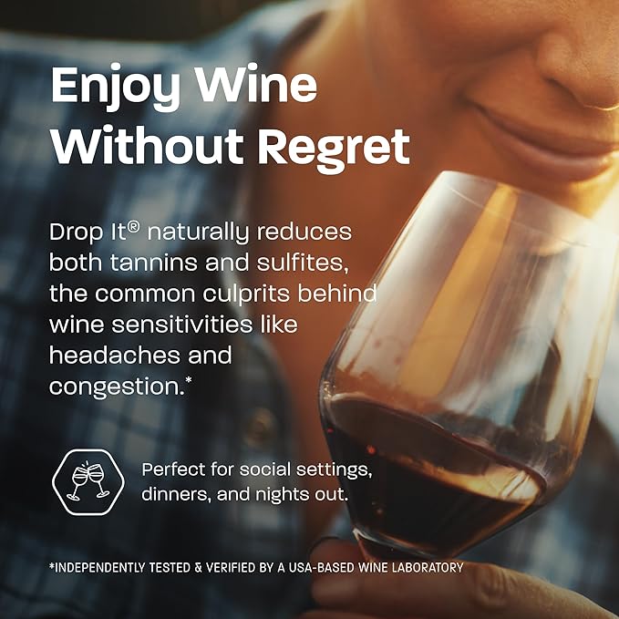 Drop It Wine Drops, Original - 10 mL, 4 Pack - Naturally Reduces Sulfites & Tannins in Red, White & Sparkling Wines - Portable, Easy to Use - Treats Up to 55 Glasses/9 Bottles of Wine Each - USA Made