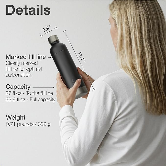 Stainless Steel Carbonating Bottle 33 oz | Compatible with Aarke Carbonator 3, Sodastream (Excl. model Aqua Fizz + Jet) and many others| Dishwasher Safe, No Expiration Date, BPA-Free