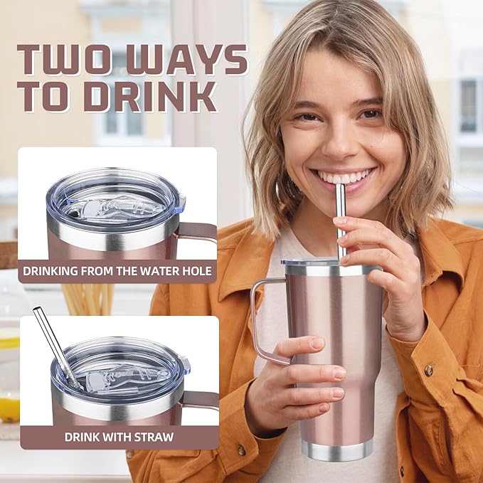 20 oz Rose Gold Stainless Steel Insulated Tumbler with Handle, Lid, Straw - Double Wall Vacuum Insulated Coffee Mug, Leak Proof Travel Mug for Hot and Cold Drink
