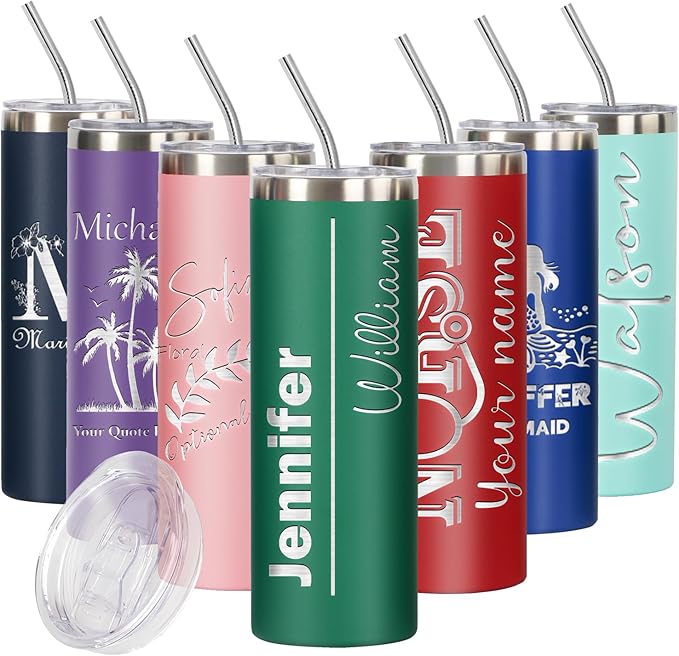 Personalized Skinny Tumbler Gift by iProductsUS - Premium 18/8 Stainless Steel with Spill-Proof Slider Lid & Straw - Customized 20oz Vacuum Insulated Coffee Mug Several Designs and 10 Colors (Green)