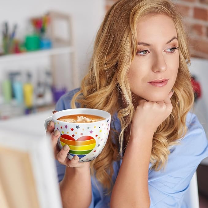 Rainbow Heart Coffee Mug, Premium 20 oz Bone China Hug Mug, Inspiring Gift of Hope and Positivity, Perfect for Birthdays, Holidays, and Christmas, Designed in England by Harvest Green Studio