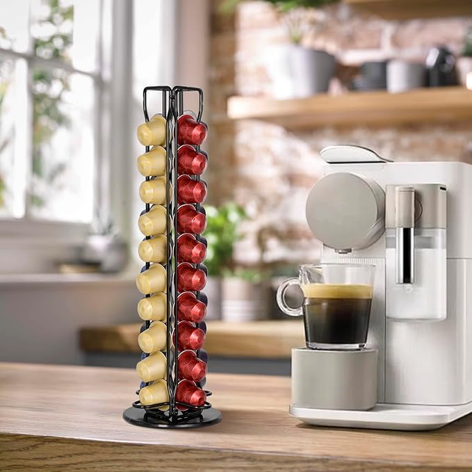 RECAPS Coffee Pod Holder Stand Compatible with Nespresso OriginalLine, Rotatable Coffee Capsules Carousel for 40 Pods, Space-Saving Countertop Storage Rack Organizer（Black）