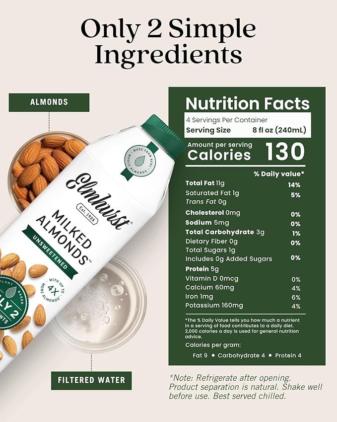 Elmhurst 1925 Unsweetened Almond Milk - 32 Ounce (Pack of 6) Dairy-Free, Vegan, Kosher, No Added Sugar, Shelf Stable Milk Made with Water & Almonds for Healthier, Simpler Plant-Based Alternatives