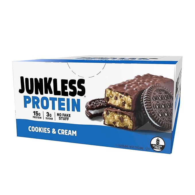JUNKLESS Protein Bars - Cookies & Cream - 15g Protein, No Added Sugar, Gluten Free, High Fiber, Delicious Taste and Texture, Satisfying, Healthy Snack for Energy - 12 Bars