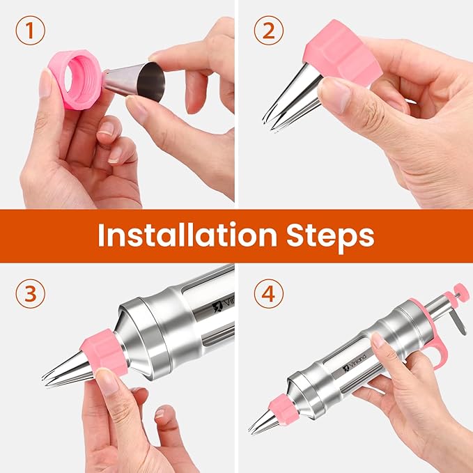Dessert Decorating Syringe Set Icing Piping Kit Frosting Piping Kit Stainless Steels Cake Decorating Kit with 10 food grade stainless steel piping tips & 50 Disposable Piping Bags, Pink