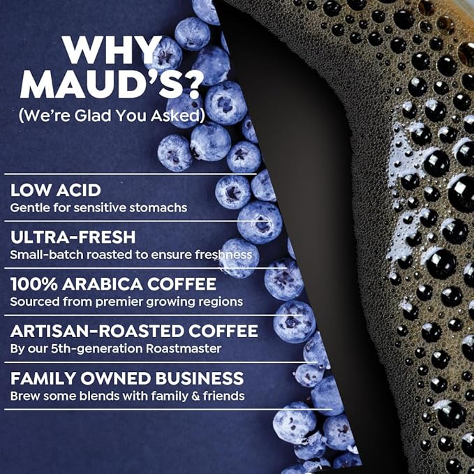 Maud's Blueberry Flavored Coffee Pods, 18 ct, Medium Roast Flavored Coffee in Recyclable Single Serve Pods – 100% Arabica Beans, Compatible with Keurig K Cups Maker