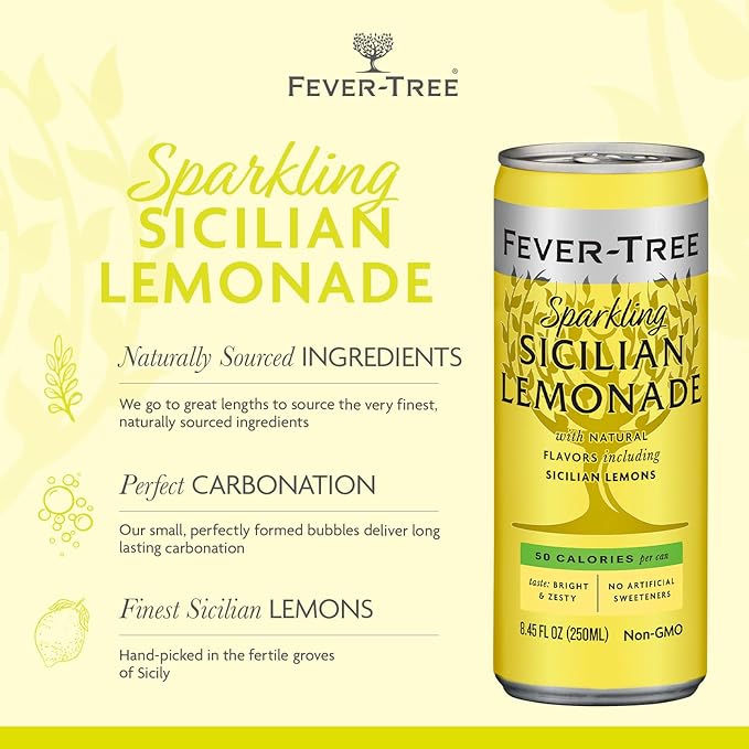 Fever-Tree Sparkling Sicilian Lemonade - Premium Quality Mixer - Refreshing Beverage for Cocktails & Mocktails. Naturally Sourced Ingredients, No Artificial Sweeteners or Colors - 8.5 Fl Oz Cans - Pack of 24