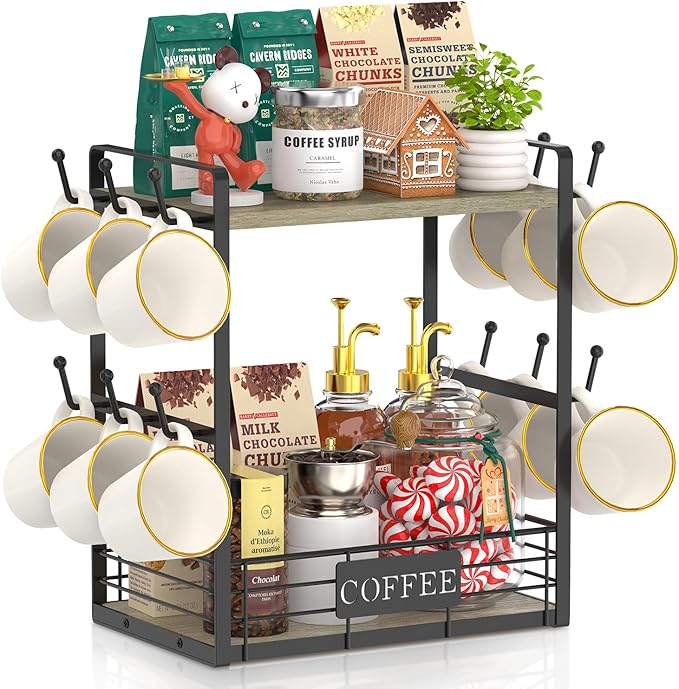 EsLuker.ly Coffee Mug Cup Holder Stand Bar Station Organizer for Countertop, Multi-Functional 2 Tier Mug Tree Rack for Kitchen, Storage Shelf with 12 Hooks, Grey Oak-Black(Patented Design)