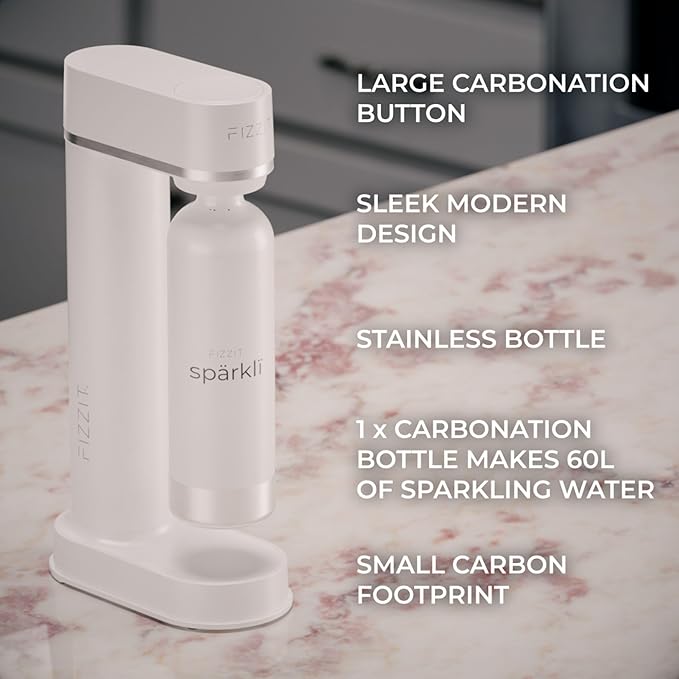 White Stainless Steel Sparkling Water Maker with 2 CO2 Cylinders & 1L Reusable Stainless Steel Bottle For Soda Makers