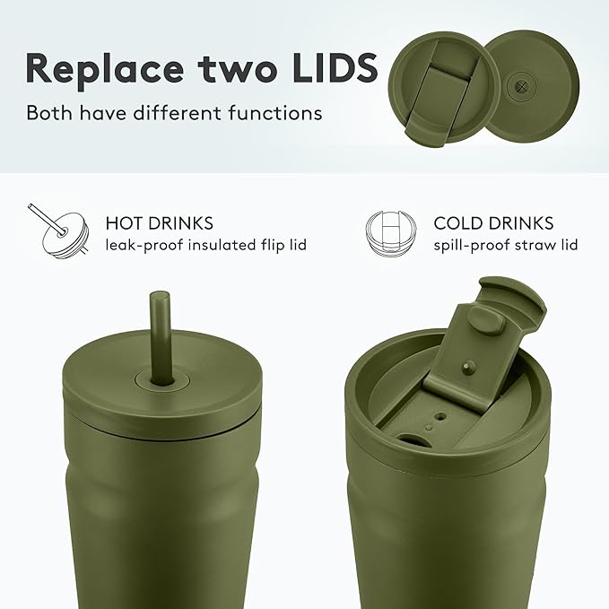 COKTIK 20oz Insulated Tumbler with Lid and Straw 2 Lids (Straw/Flip) Iced Coffee Cup Reusable Stainless Steel Travel Mug Water Bottle Cupholder Friendly for Women Men Her Him (Olive)