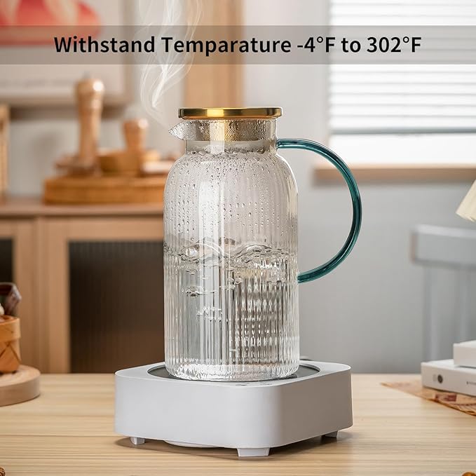 2 PACK Glass Pitcher with Lid,68 oz/ 2 Liter Vertical Stripes Water Pitcher With Green Handle,Glass Water Carafe for Cold Brew,Coffee, Lemonade, Iced Sun Tea,Beverage,Milk Heat Resistant