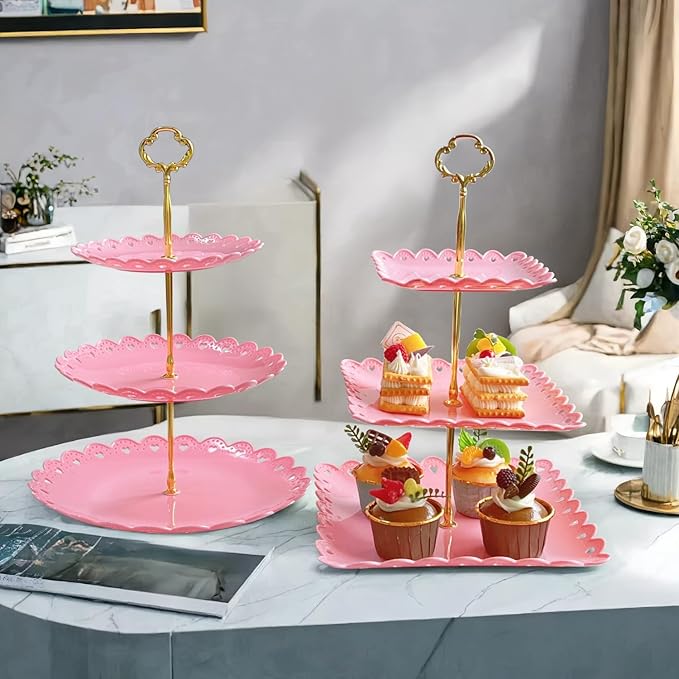 RAUVOLFIA 2 Pack of Plastic Round & Square Dessert Cupcake Stand, 3 Tier Cup Cake Holder Tower for Tea Party/Birthday/Wedding, Plastic Tiered Serving Tray (Pink)