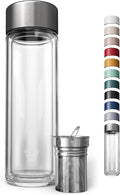 Glass Multi Tea Infuser Bottle 14oz - Double Wall Borosilicate Glass Flask | No Plastic Touches Contents | Perfect for Office or Home