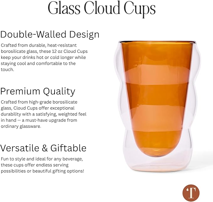 Glass Cloud cups 12 oz Double Wall Insulated Glass Cups - heat-resistant borosilicate glass -perfect for iced teas, lattes, and all your favorite sips (Pink)