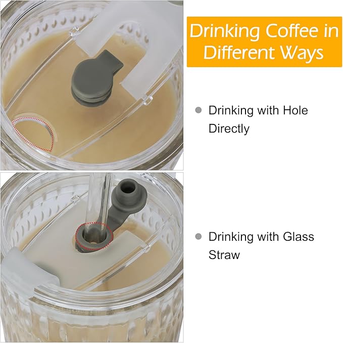 2 Pack Glass Tumblers with Lids and Straws 18oz: Leak-Proof Drinking Glasses with Airtight Lid, Stylish Water Ripple Design, Reusable Glass Iced Coffee Cups for Cold Drinks, Car Holder Fit
