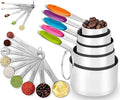 Stainless Steel Measuring Cups and Spoons Set of 19, 5 Measuring Cups with Colored Silicone Handles, 9 Nesting Spoons, 5 Mini Spoons, Kitchen Gadgets for Cooking & Baking, Dry and Liquid Ingredients
