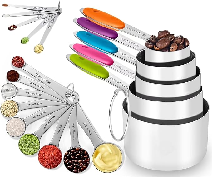 Stainless Steel Measuring Cups and Spoons Set of 19, 5 Measuring Cups with Colored Silicone Handles, 9 Nesting Spoons, 5 Mini Spoons, Kitchen Gadgets for Cooking & Baking, Dry and Liquid Ingredients