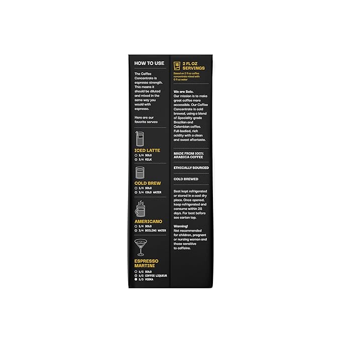 SOLO Cold Brew Coffee Concentrate - Colombian & Brazilian Arabica Blend - Ready-to-Drink Espresso Base for Iced Coffee, Lattes, and Cocktails - 20 Servings per Carton - 32 fl oz Shelf-Stable Carton